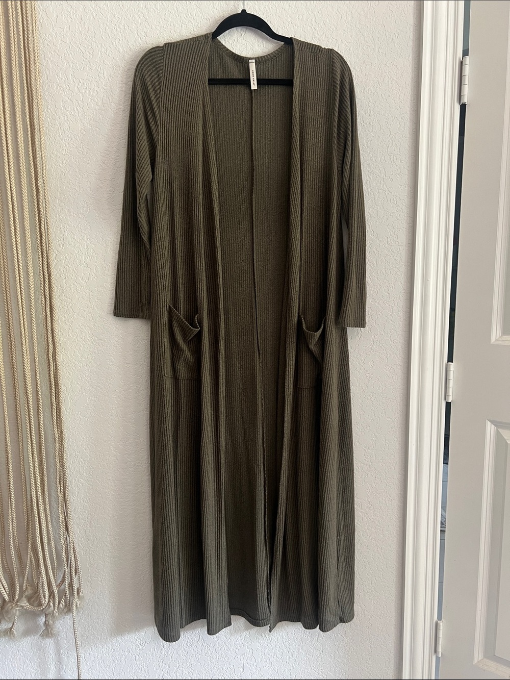 Long Open-Front Knit Cardigan - Olive